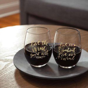 Stemless Wine Glass - Hand Illustrated 15 oz NIB